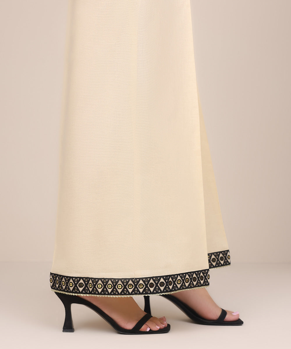 Women's Pret Khaddar Off White Embroidered Flared Pants