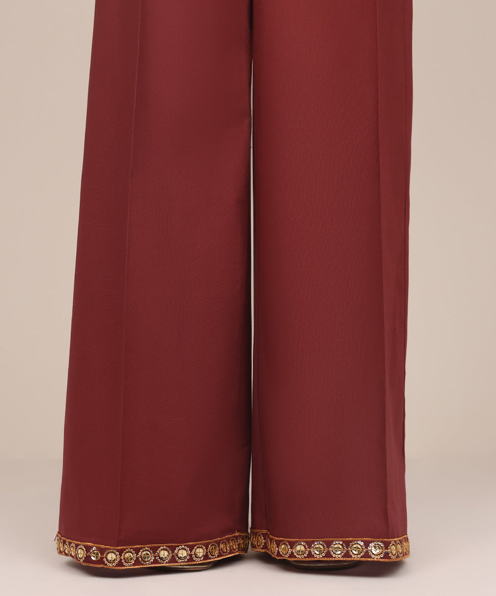 Women's Pret Khaddar Red Embroidered Flared Pants