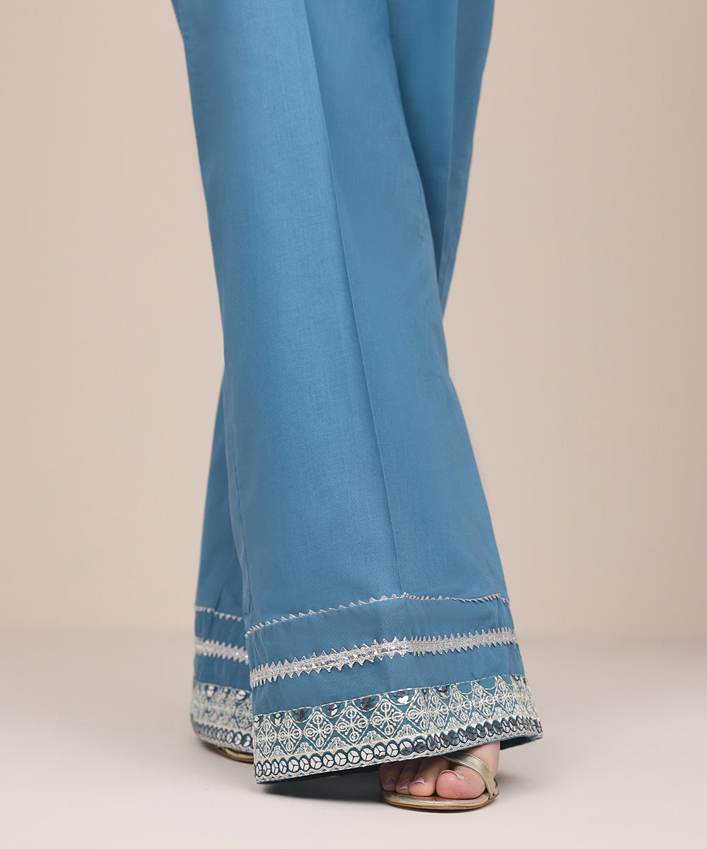 Women's Pret Khaddar Blue Embroidered Flared Pants