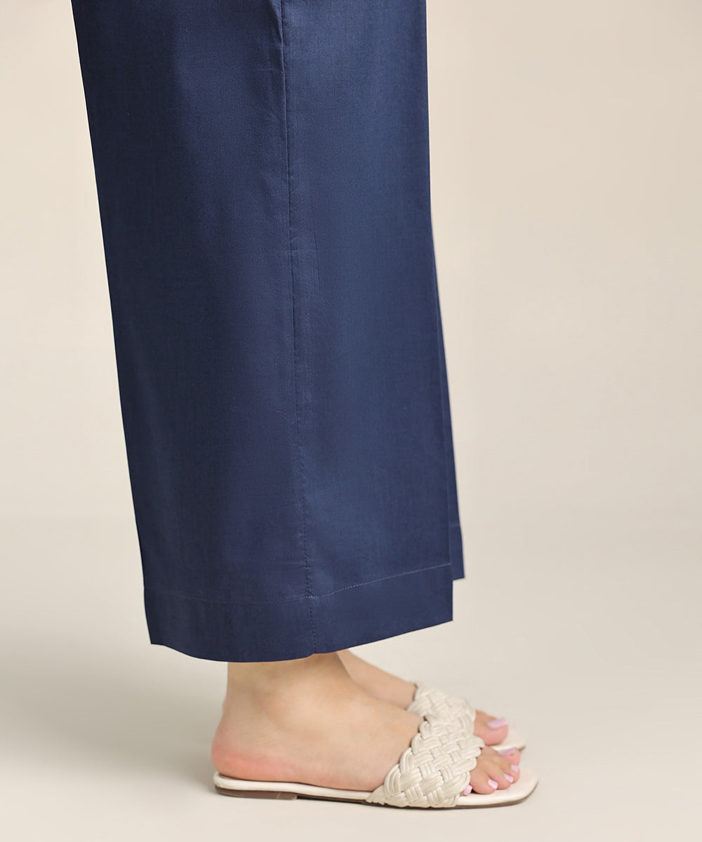 Women's Pret Cotton Viscose Blue Solid Straight Pants