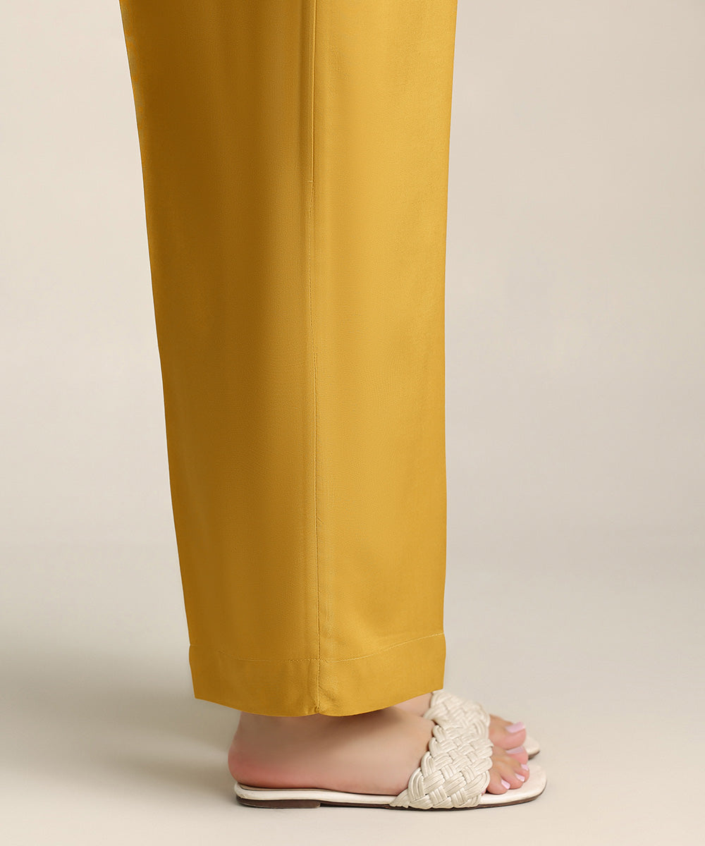 Women's Pret Cotton Viscose Yellow Solid Straight Pants