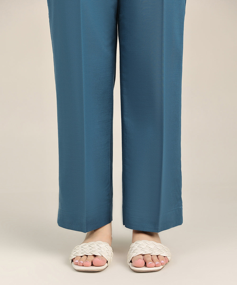 Women's Pret Khaddar Blue Solid Straight Pants