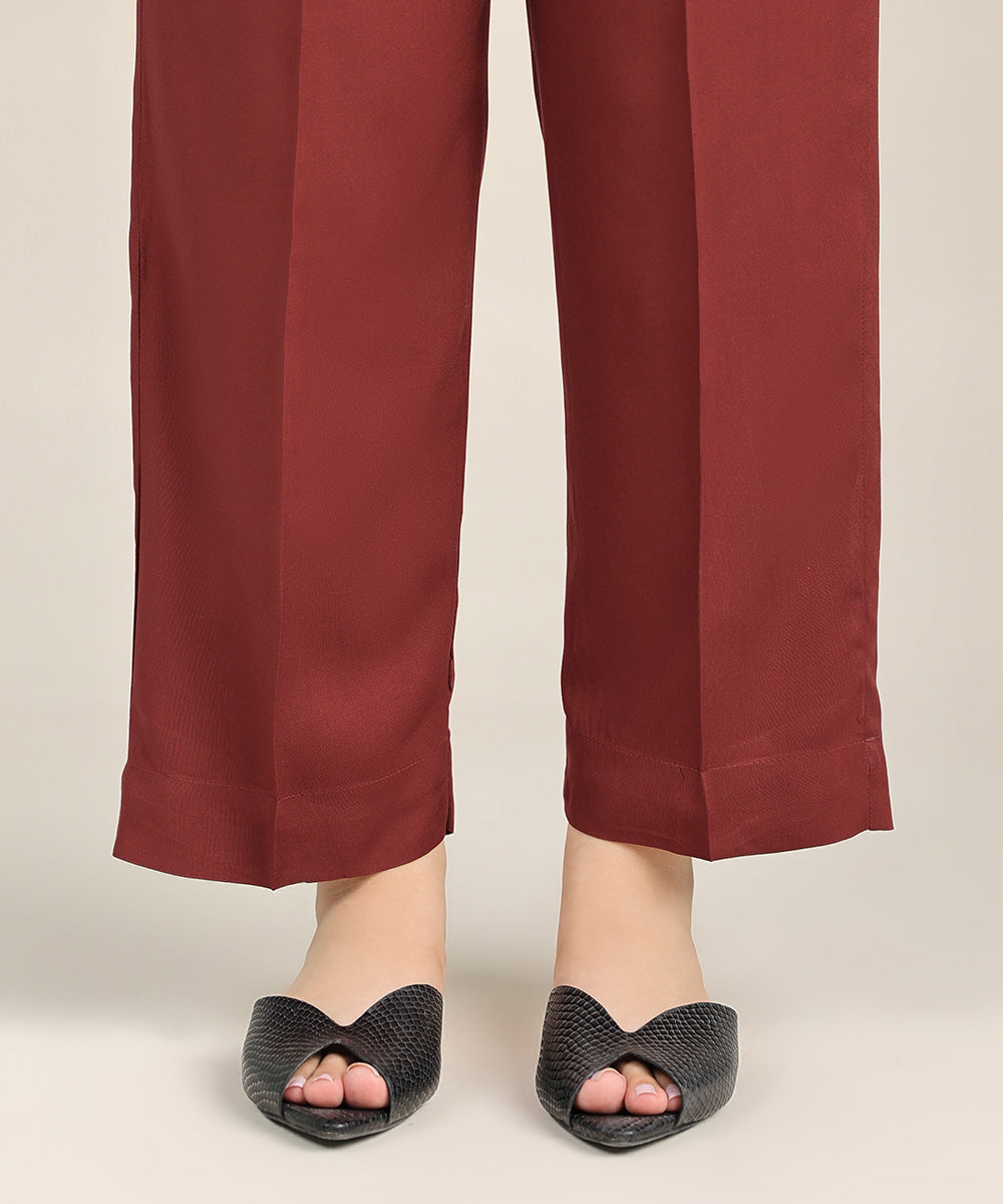 Women's Pret Linen Red Solid Straight Pants