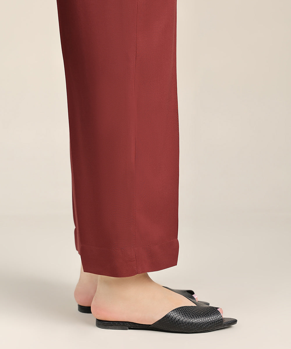 Women's Pret Linen Red Solid Straight Pants