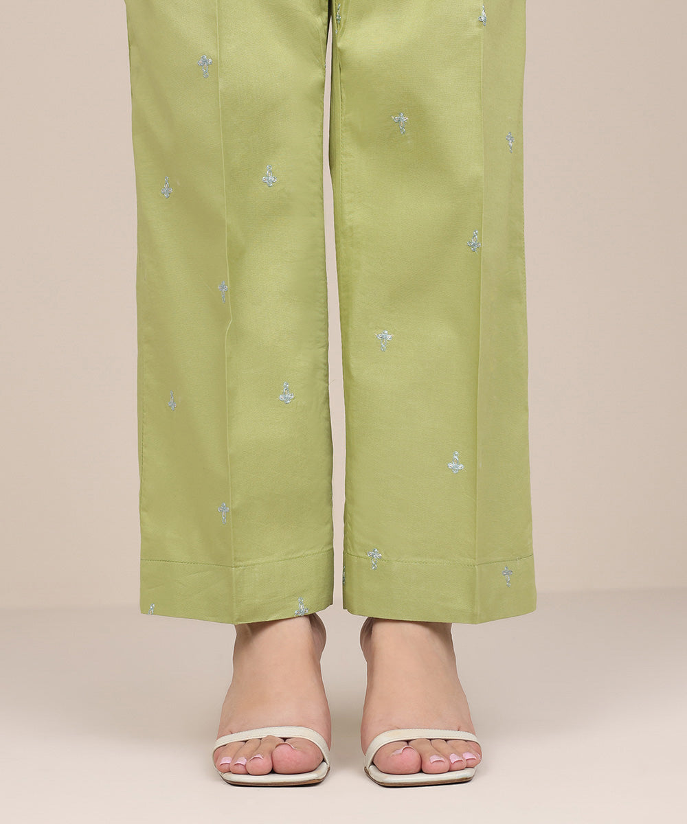 Women's Pret Cambric Green Embroidered Straight Pants