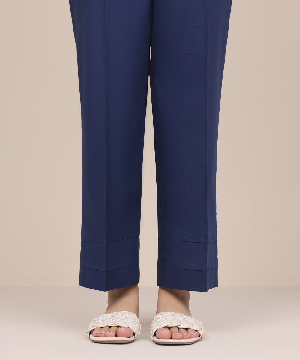 Women's Pret Cambric Blue Solid Straight Pants