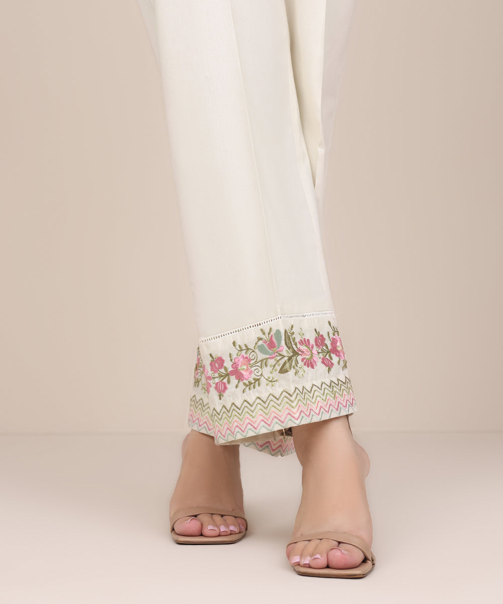 Women's Pret Cambric Off White Embroidered Straight Pants