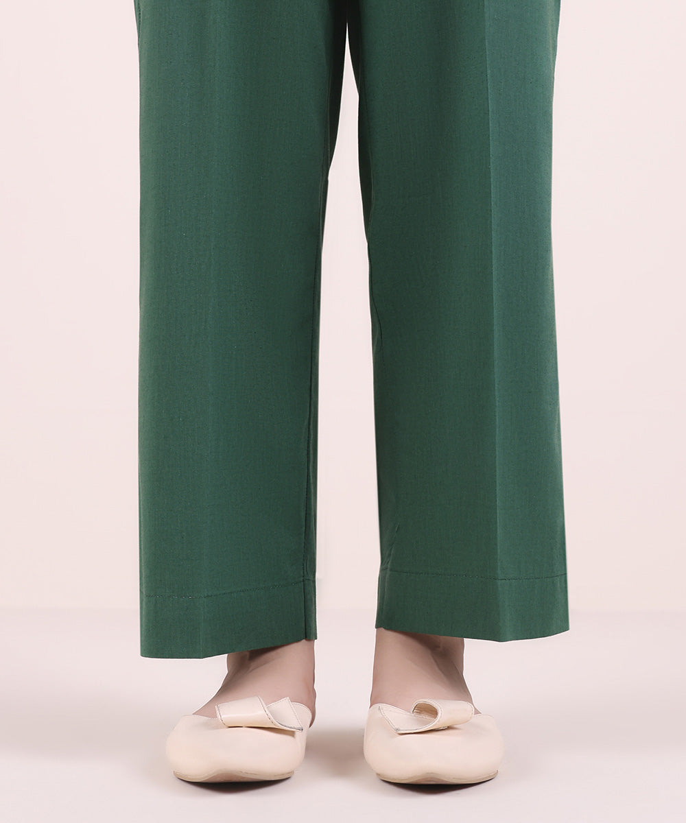 Women's Pret Cotton Viscose Solid Forest Green Straight Pants