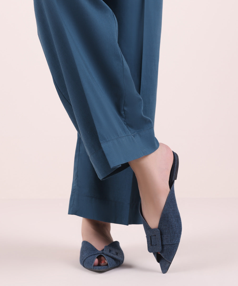 Women's Pret Cotton Viscose Solid Sea Blue Culottes