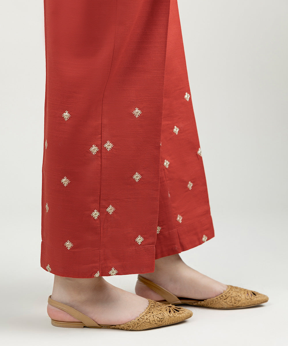 Women's Pret Khaddar Embroidered Orange Red Straight Pants