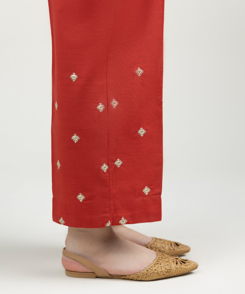 Women's Pret Khaddar Embroidered Orange Red Straight Pants