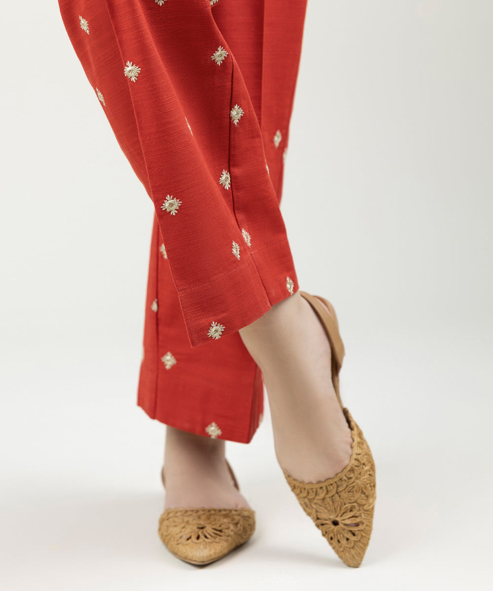 Women's Pret Khaddar Embroidered Orange Red Straight Pants