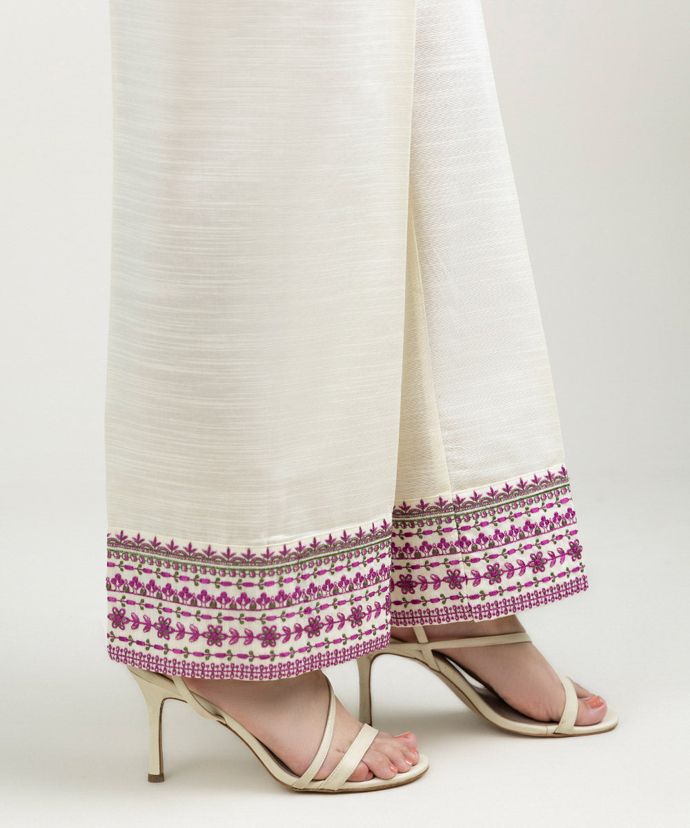 Women's Pret Khaddar Embroidered Cream White Straight Pants