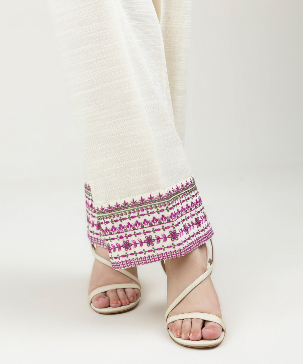 Women's Pret Khaddar Embroidered Cream White Straight Pants