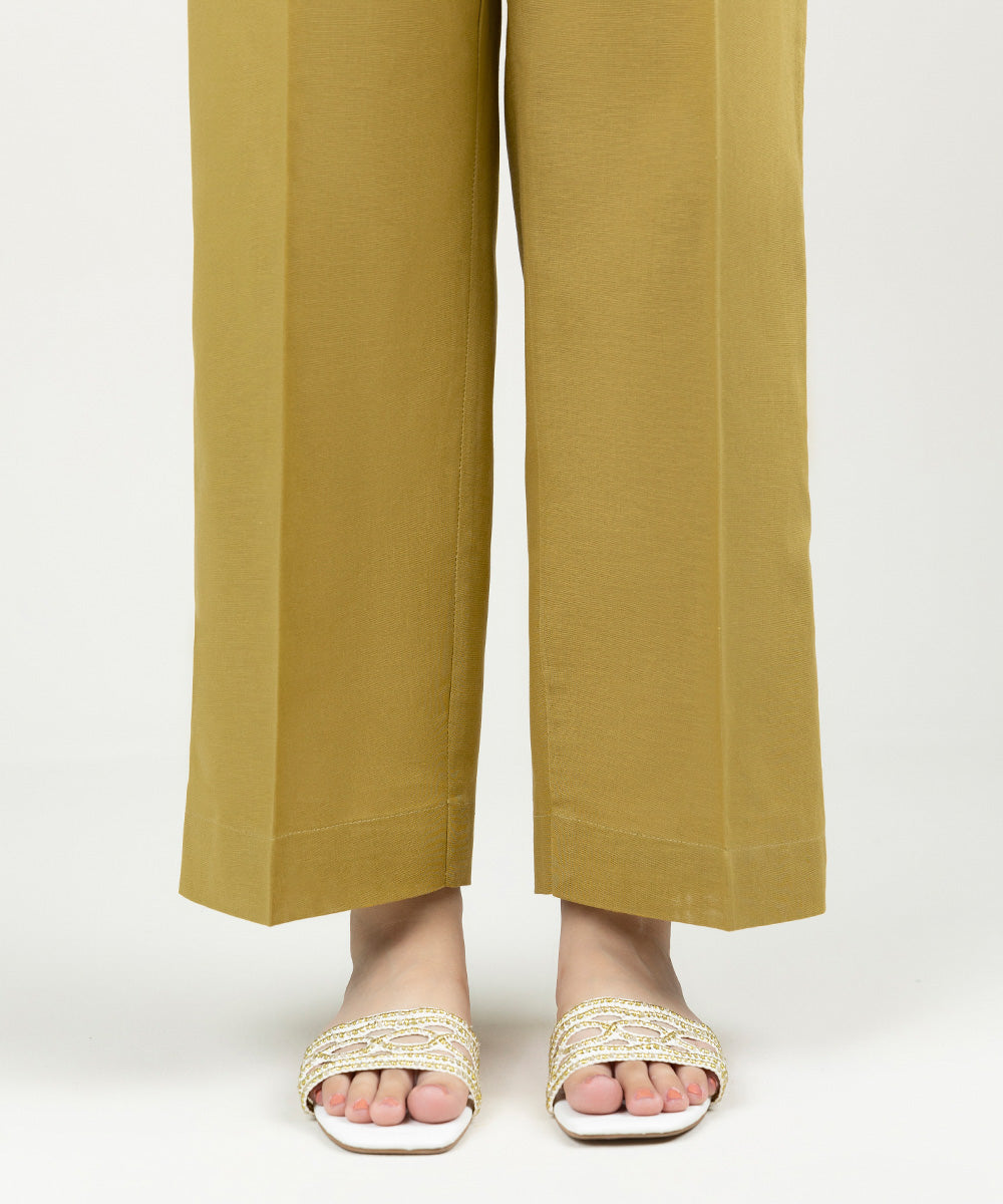 Women's Pret Khaddar Solid Mustard Brown Straight Pants