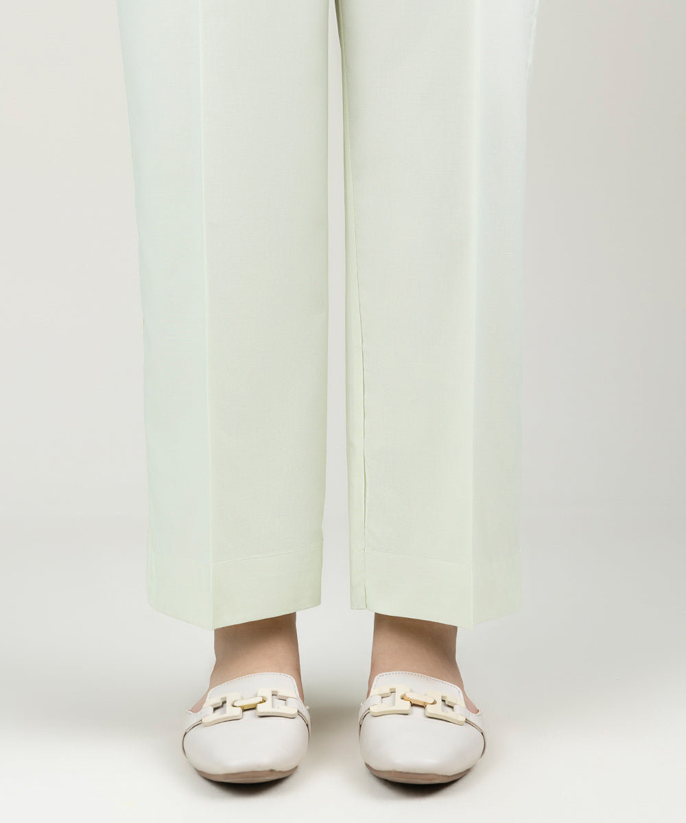 Women's Pret Cotton Viscose Solid Mint Green Straight Pants