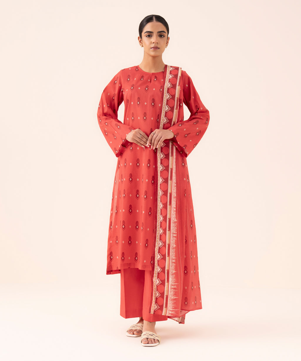 Women's Unstitched Cotton Printed Red Three Piece Suit