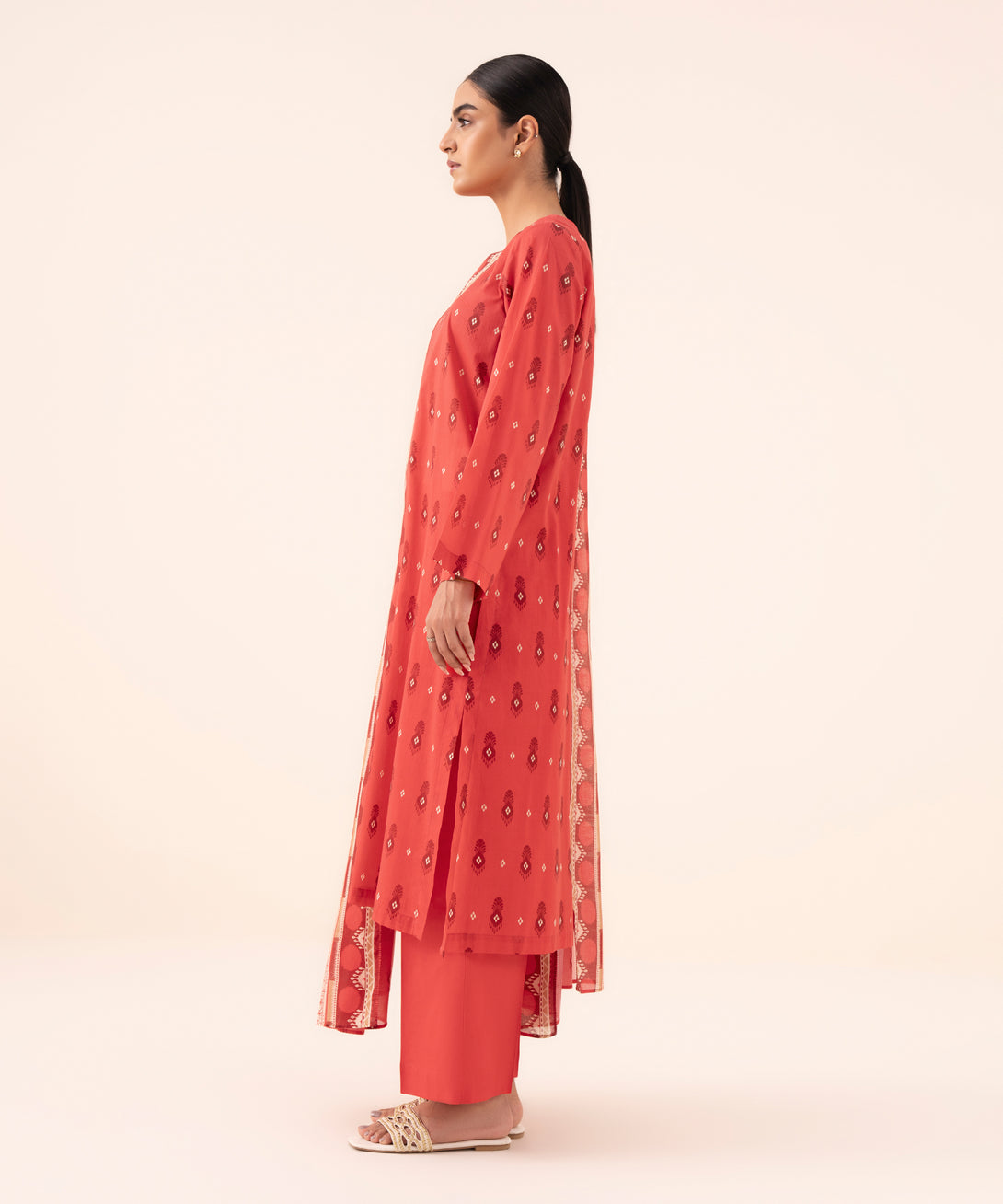Women's Unstitched Cotton Printed Red Three Piece Suit