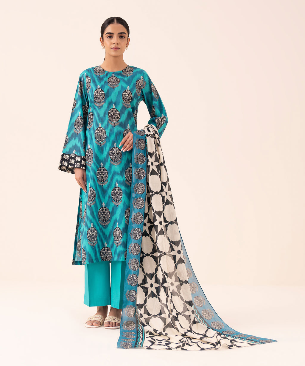 Women's Unstitched Cotton Printed Blue Three Piece Suit