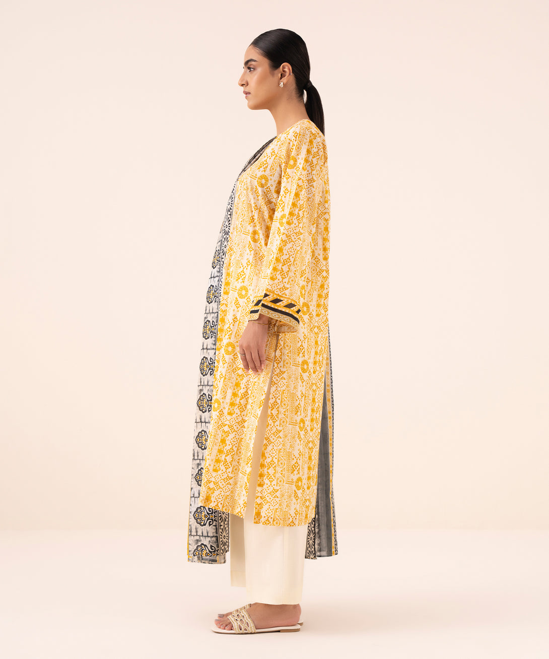 Women's Unstitched Cotton Printed Mustard Three Piece Suit