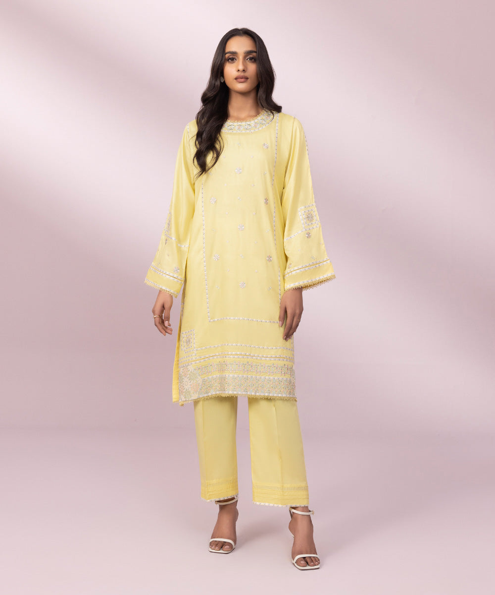 Women's Pret Arabic Lawn Embroidered Yellow A-Line Shirt