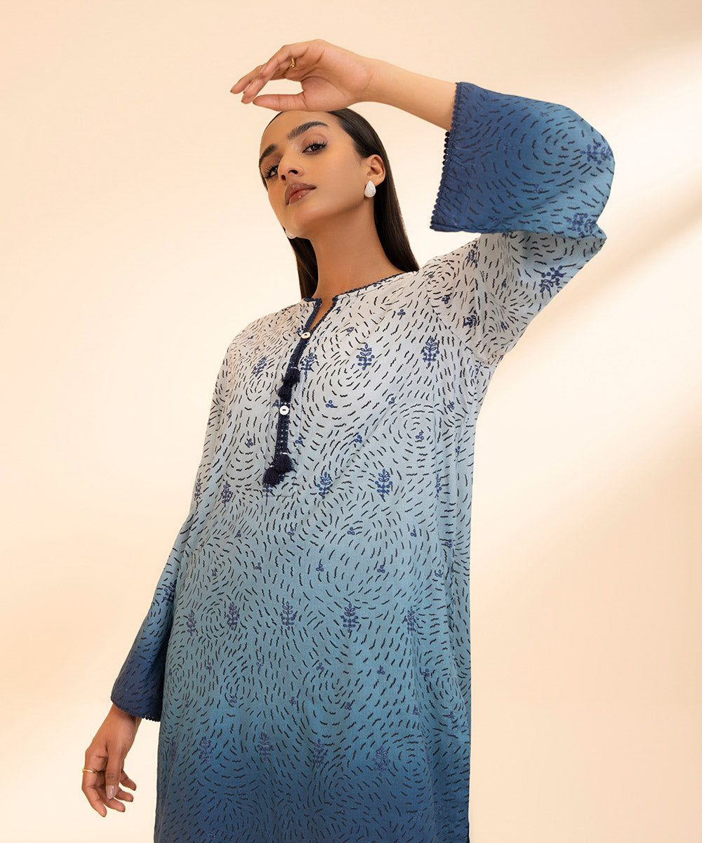 Women's Pret Textured Lawn Blue Printed Straight Shirt