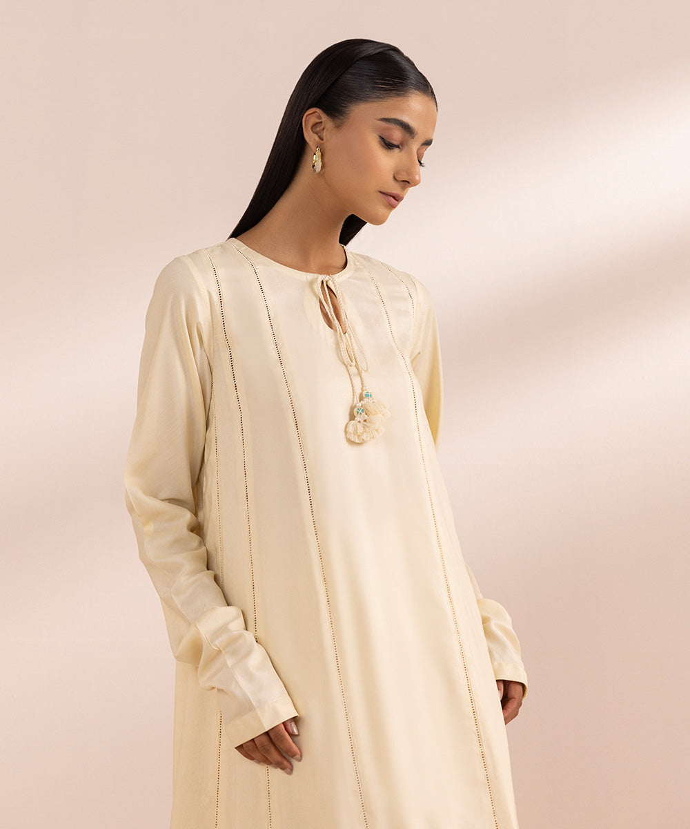 Women's Pret Arabic Lawn Off White Solid A-Line Shirt