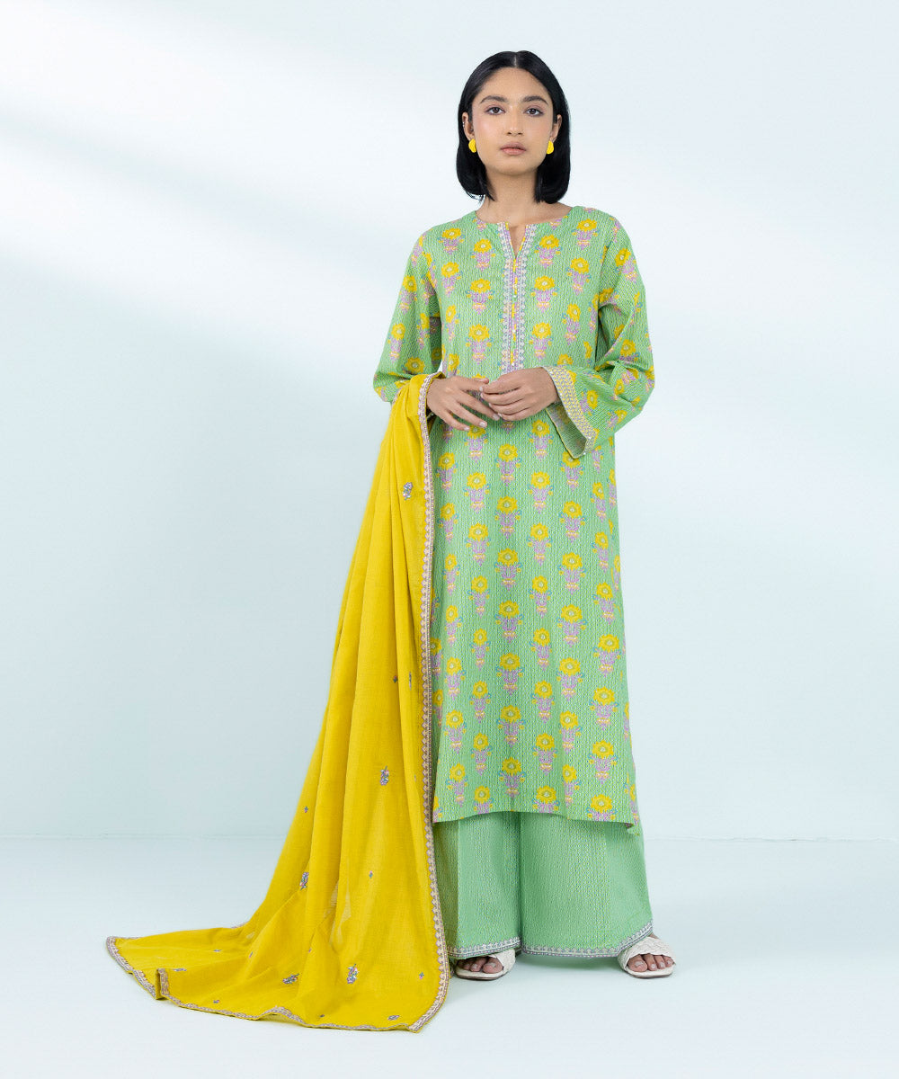 Women's Textured Voile Yellow Printed Embroidered Dupatta