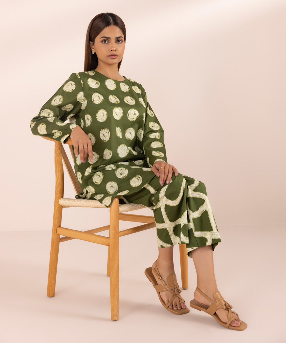 Women's Pret Stretch Lawn Green Printed Straight Shirt