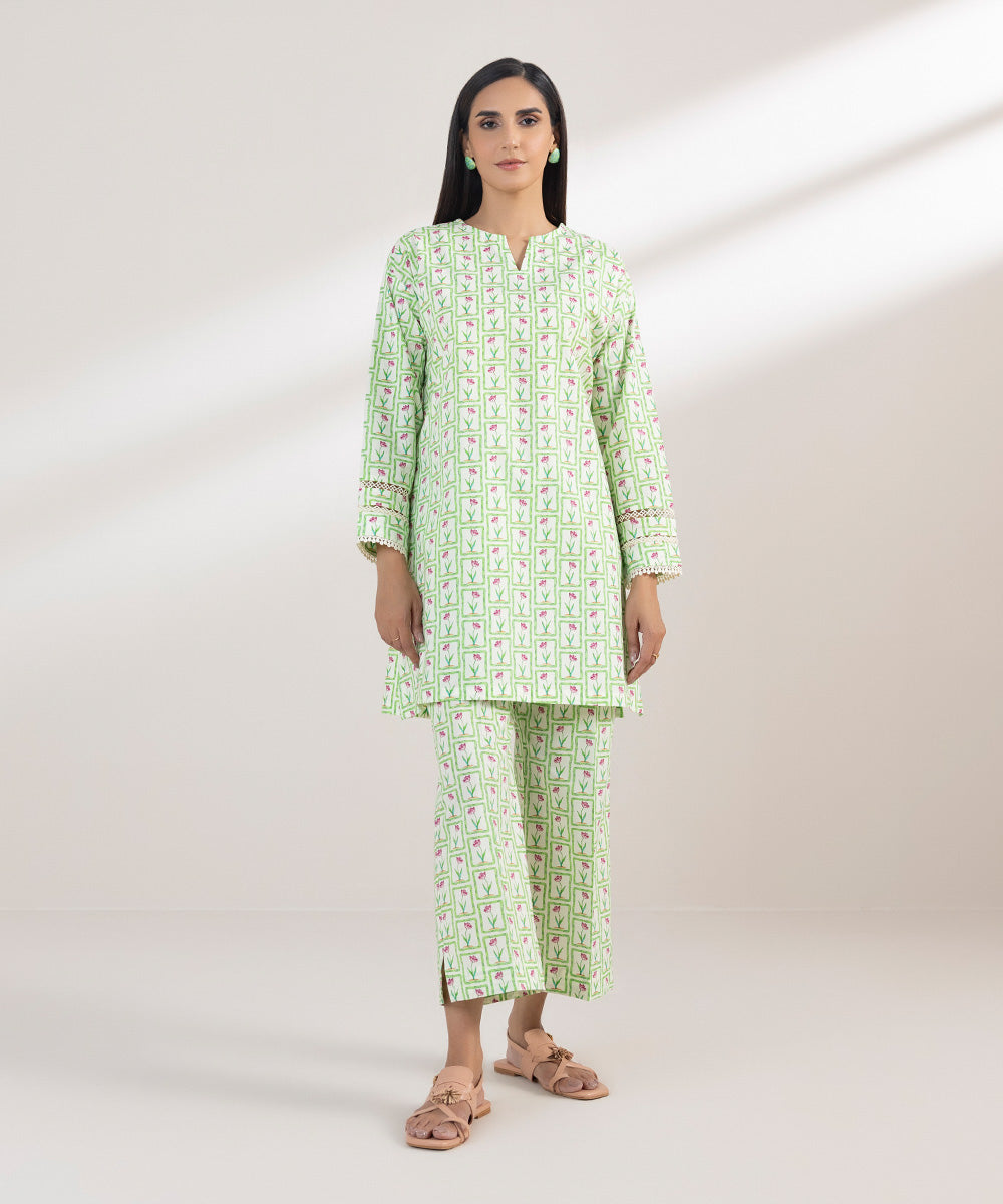 Women's Pret Poplin Printed Green Boxy Shirt