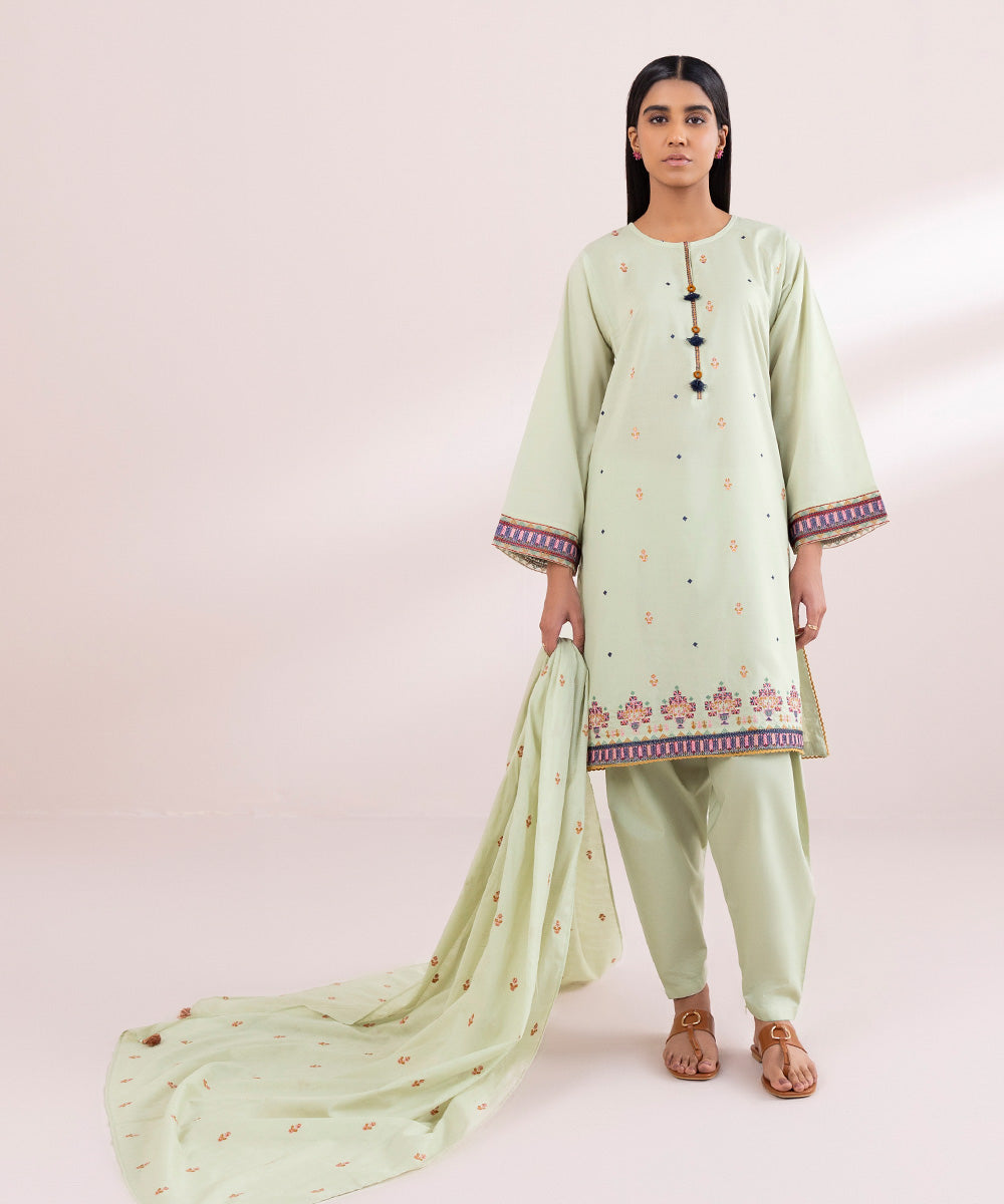 Textured Voile Green Embroidered Dupatta