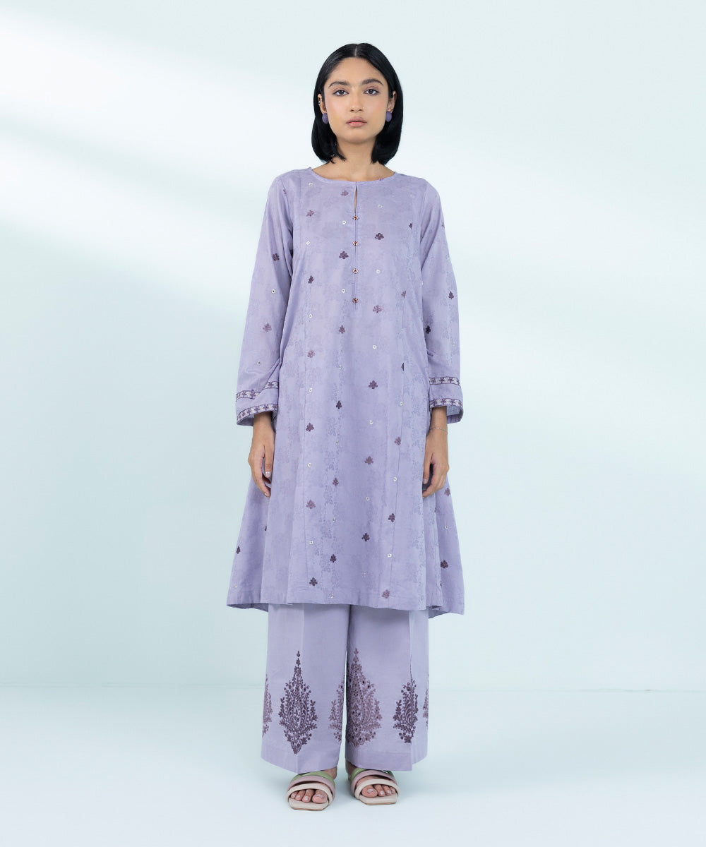 Women's Pret Cotton Jacquard Embroidered Light Purple A-Line Shirt