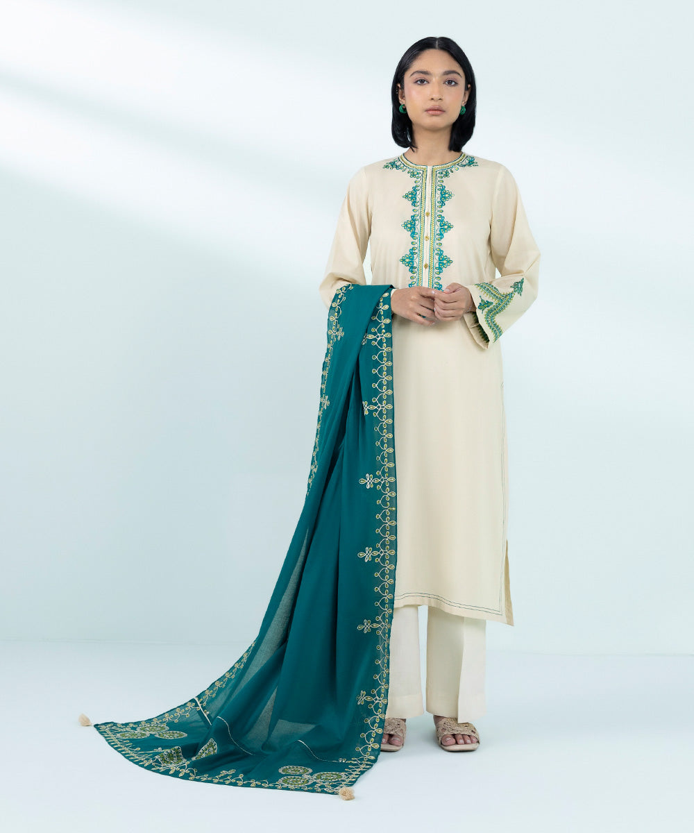 Women's Fine Voile Teal Solid Embroidered Dupatta