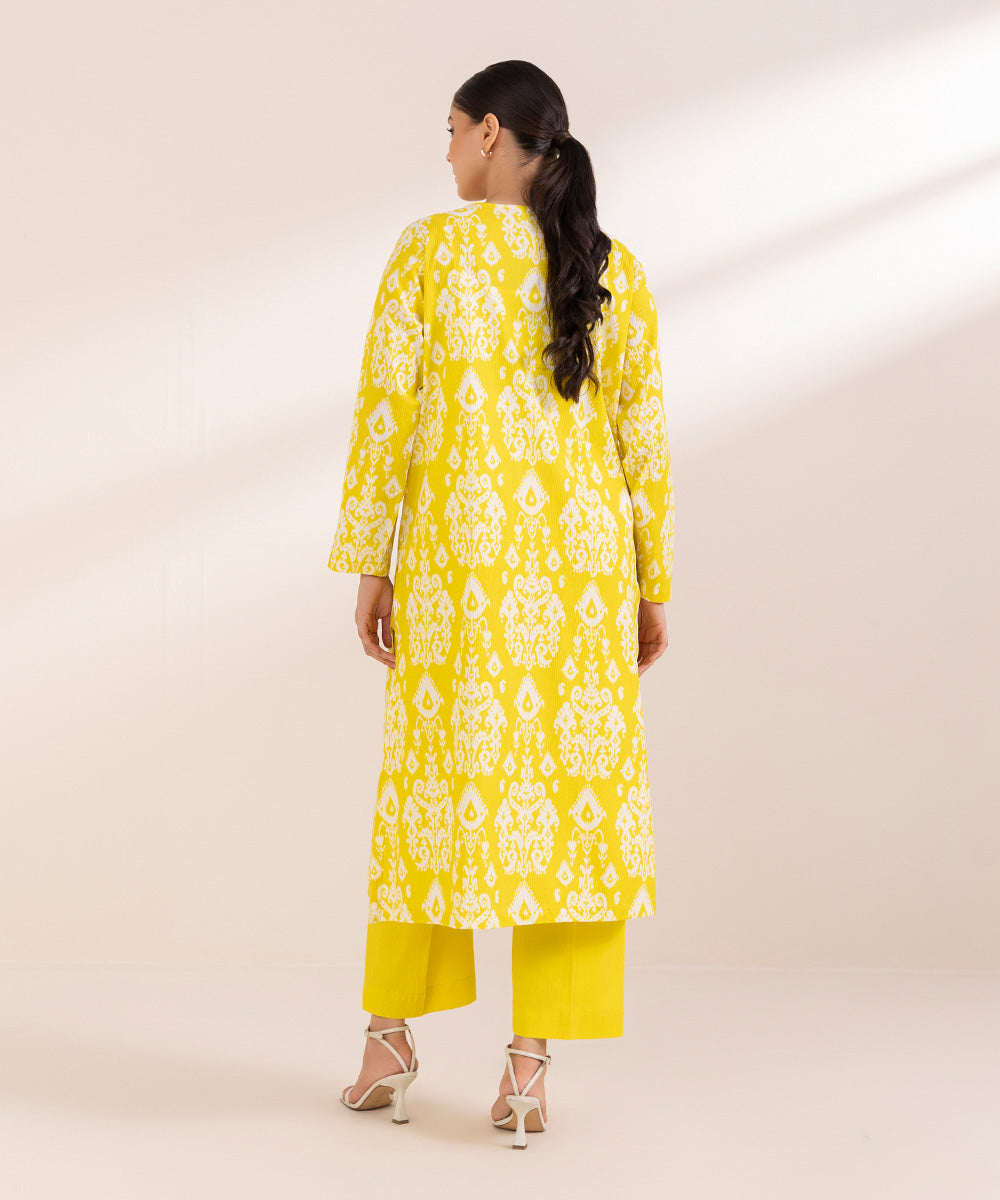 Women's Pret Seersucker Printed Yellow A-Line Shirt