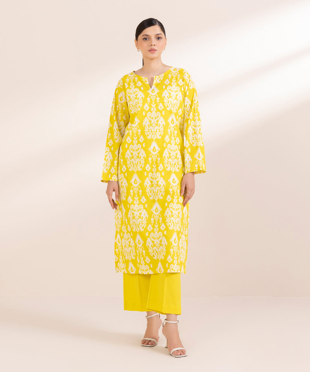 Women's Pret Seersucker Printed Yellow A-Line Shirt