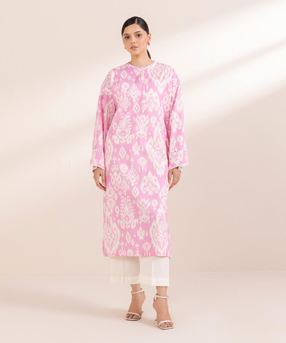 Women's Pret Seersucker Printed Pink Boxy Shirt