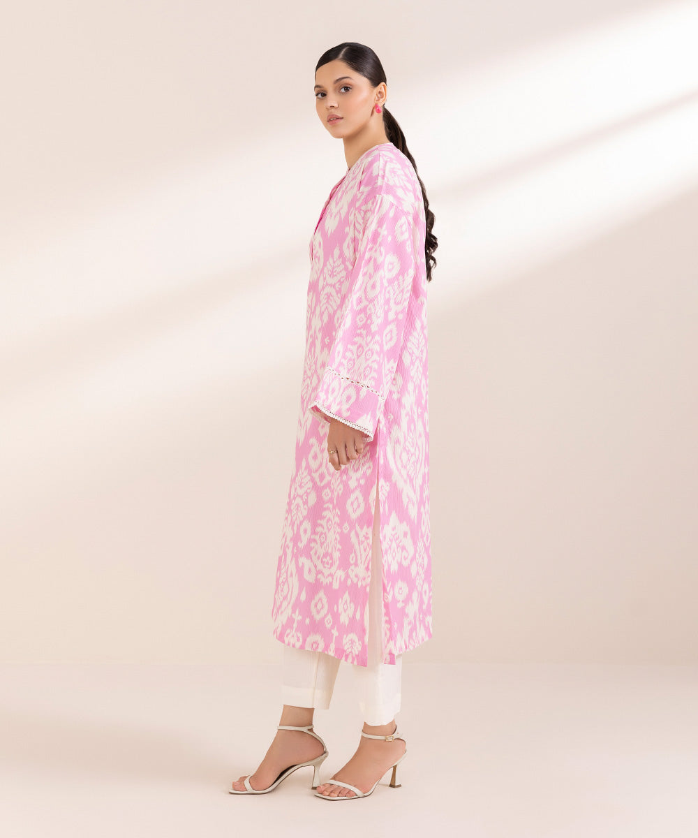 Women's Pret Seersucker Printed Pink Boxy Shirt