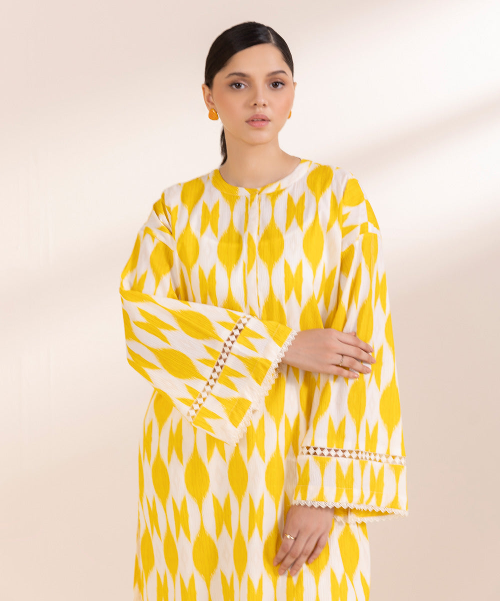 Women's Pret Seersucker Printed Yellow A-Line Shirt