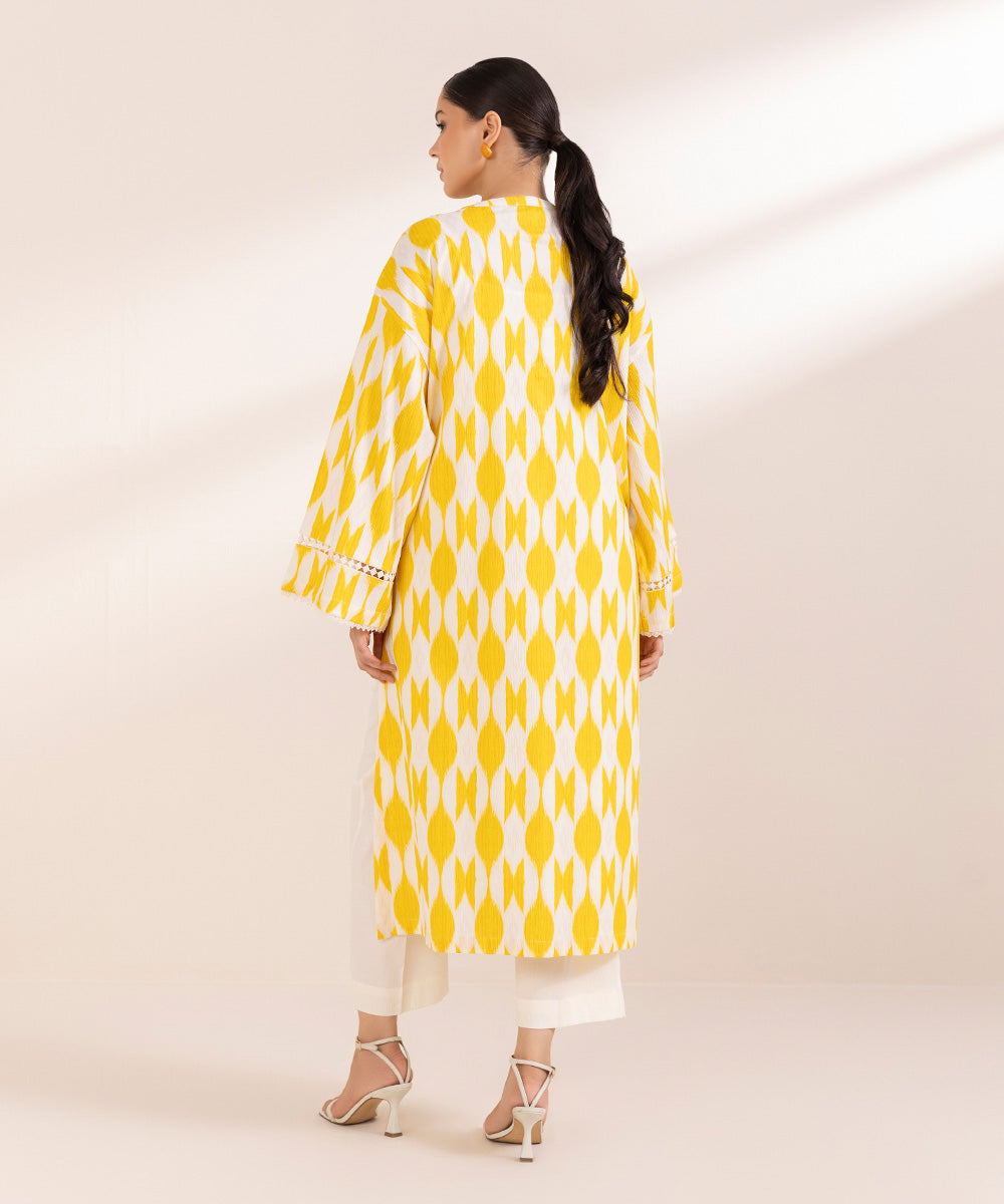 Women's Pret Seersucker Printed Yellow A-Line Shirt