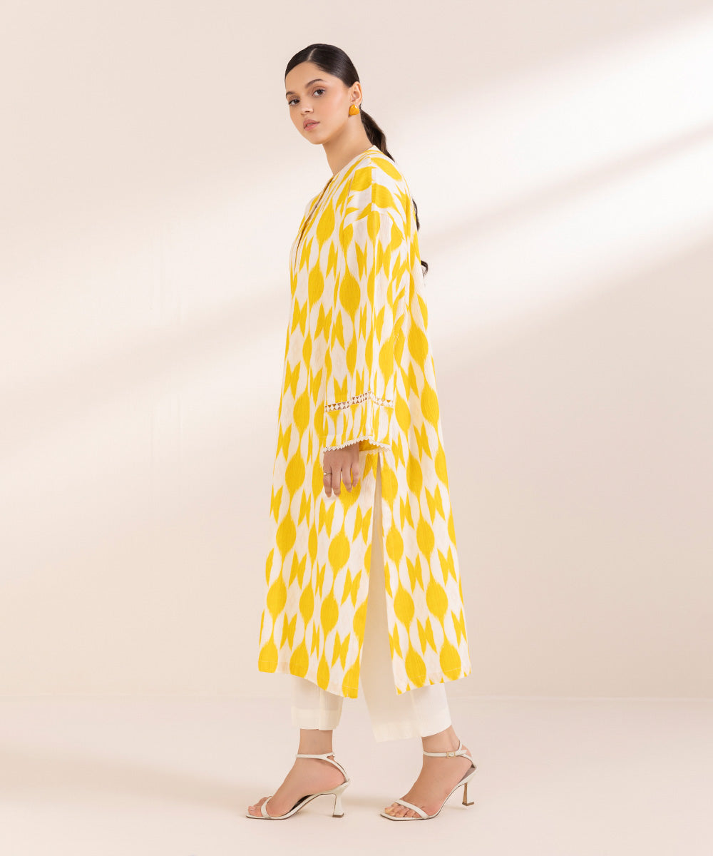 Women's Pret Seersucker Printed Yellow A-Line Shirt