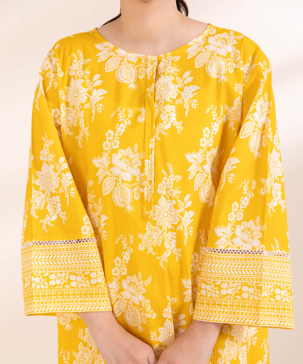 Women's Pret Seersucker Printed Yellow Straight Shirt