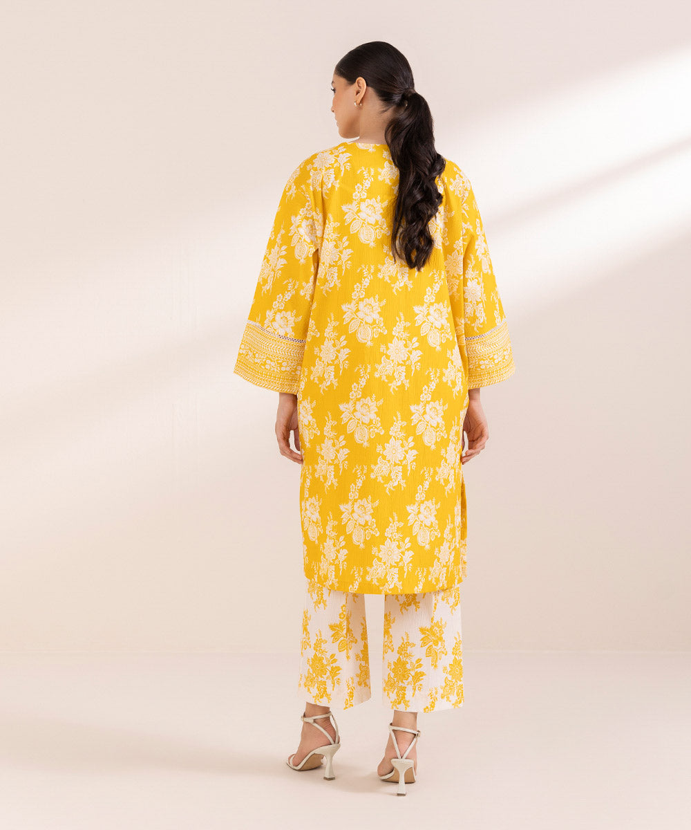 Women's Pret Seersucker Printed Yellow Straight Shirt