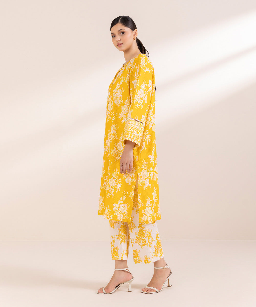 Women's Pret Seersucker Printed Yellow Straight Shirt