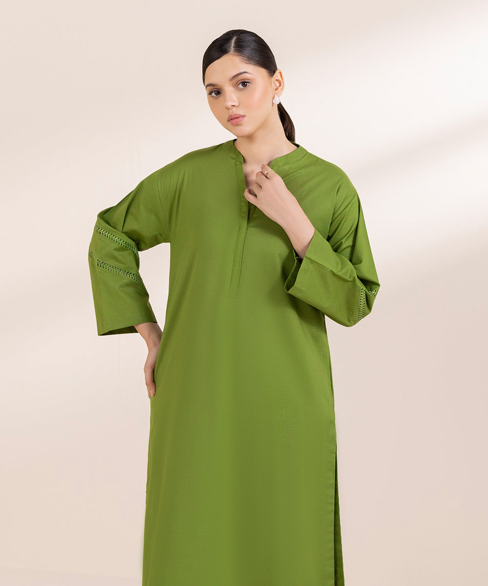 Women's Pret Dobby Solid Green Boxy Shirt