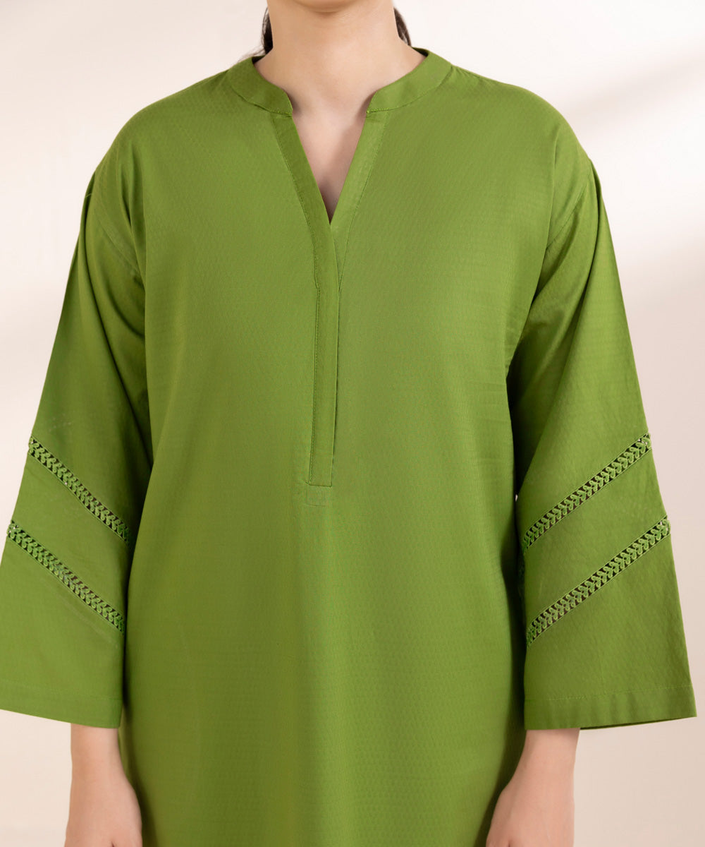 Women's Pret Dobby Solid Green Boxy Shirt