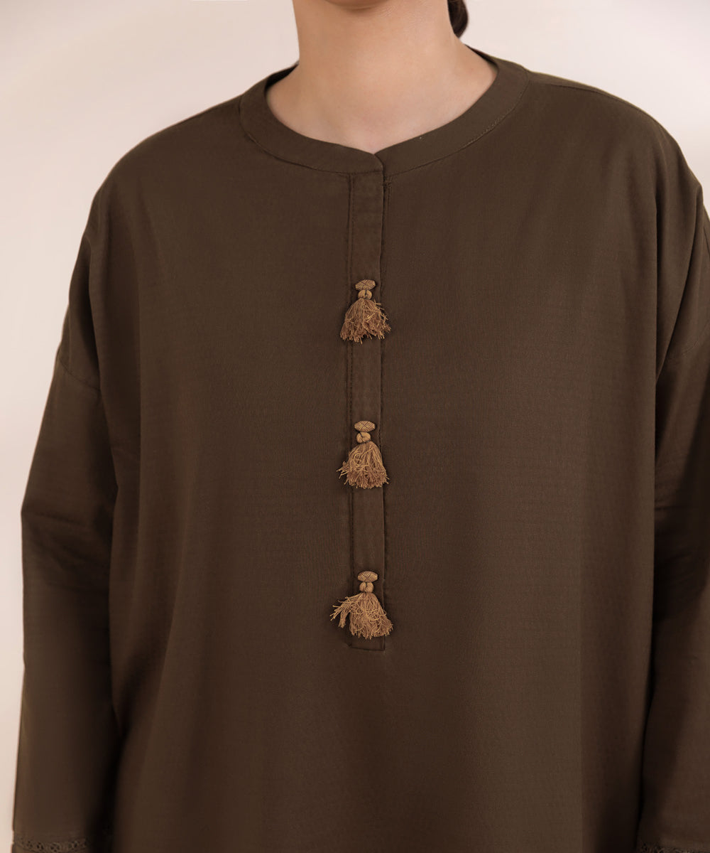 Women's Pret Dobby Solid Brown Boxy Shirt