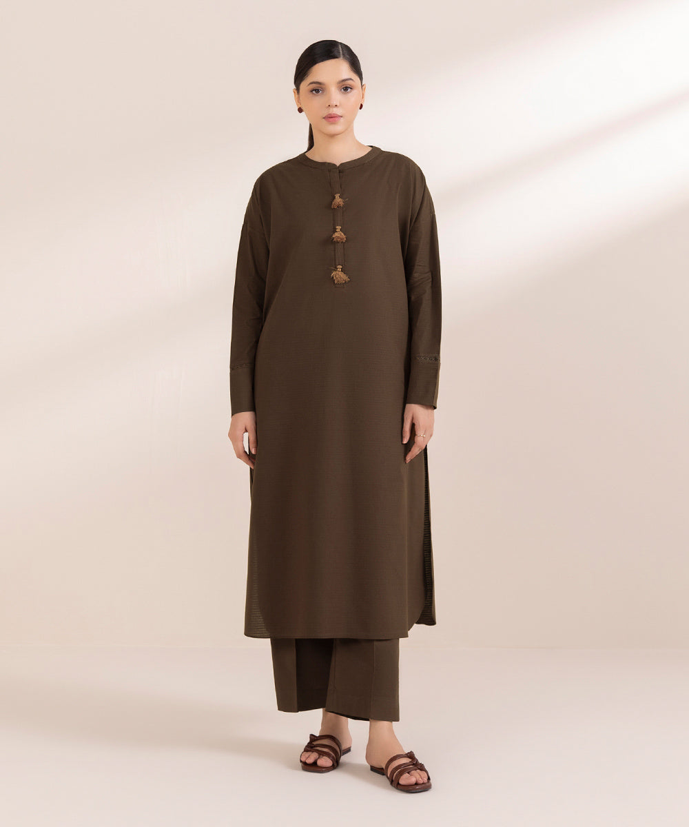 Women's Pret Dobby Solid Brown Boxy Shirt