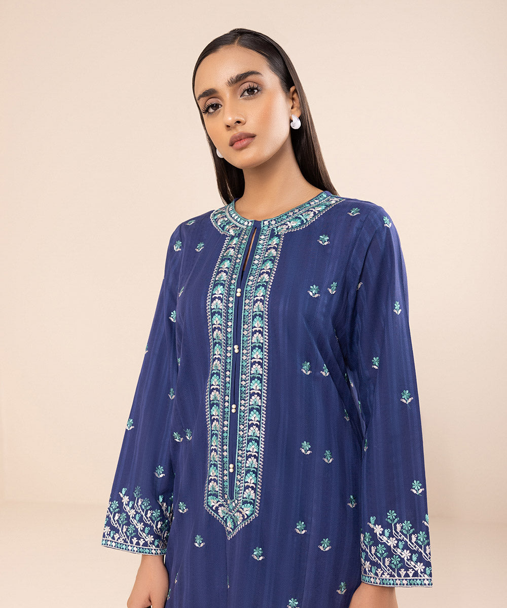 Women's Pret Dobby Blue Embroidered A-Line Shirt