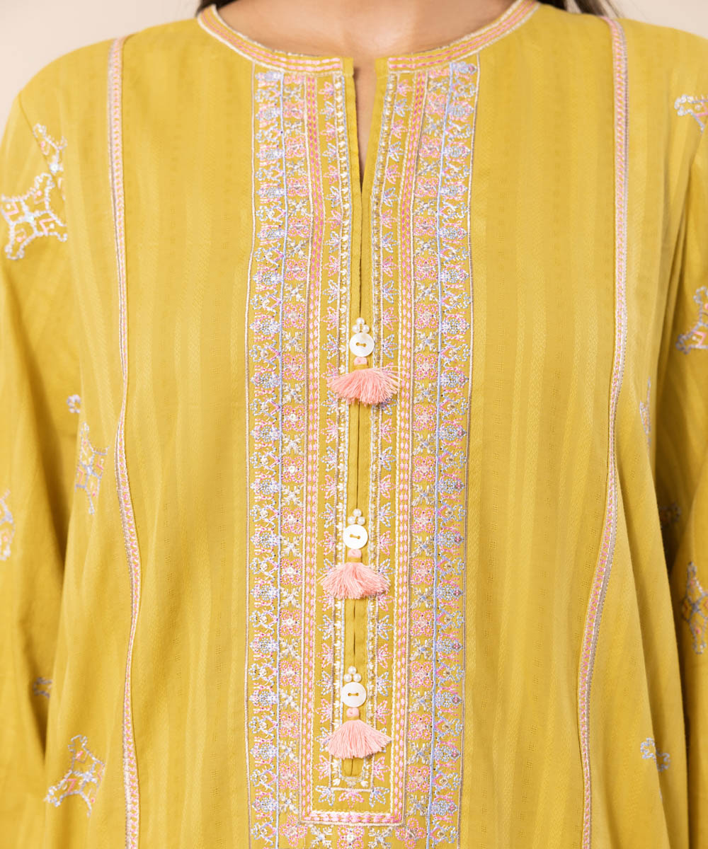 Women's Pret Dobby Yellow Embroidered Straight Shirt