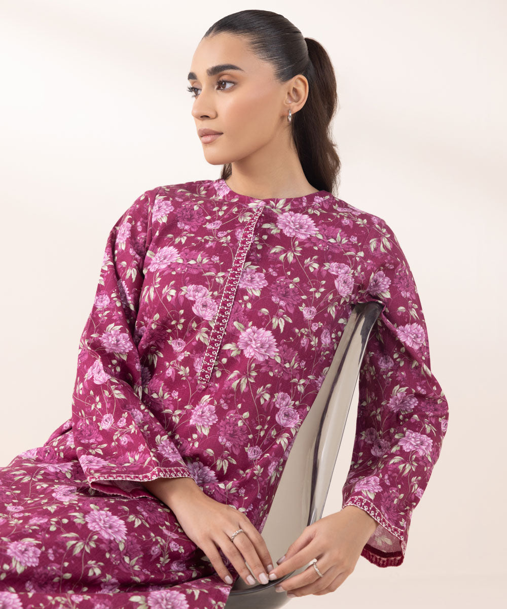 Women's Pret Khaddar Embroidered Magenta Straight Shirt